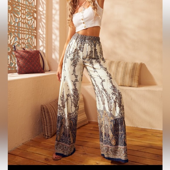 Boho Floral Print Palazzo High Waist Wide Leg Pants - Picture 7 of 8